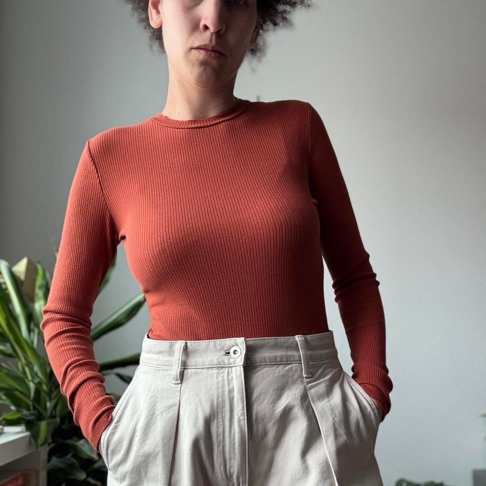 Dip Rust Orange Ribbed Long Sleeve Bodysuit Crew Neck Snap Closure Small